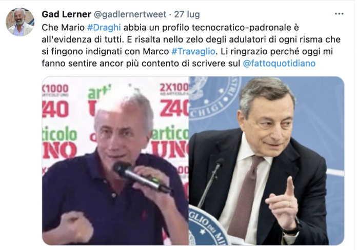 Marco, I love you – Il tweet di Gad Lerner di sostegno a Marco Travaglio, attaccato per i suoi attacchi a Draghi. Lerner, è sempre più anti padronale, un ritorno a tempi in cui era un militante di Lotta Continua.
