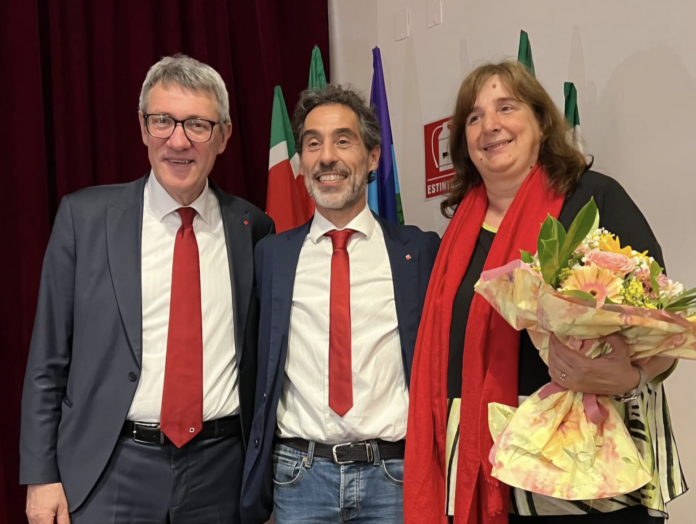 Giancarlo Puggioni, segretario generale CGIL Vicenza, fra il segretario nazionale Landini e la segretaria del Veneto Basso