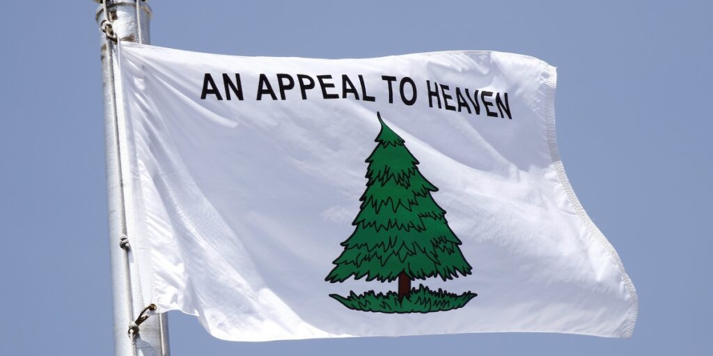 La bandiera con la scritta “Appeal to Heaven” (Appello al Cielo), che richiama i tempi sanguinosi della rivoluzione americana. (AP Photo/Rogelio V. Solis)