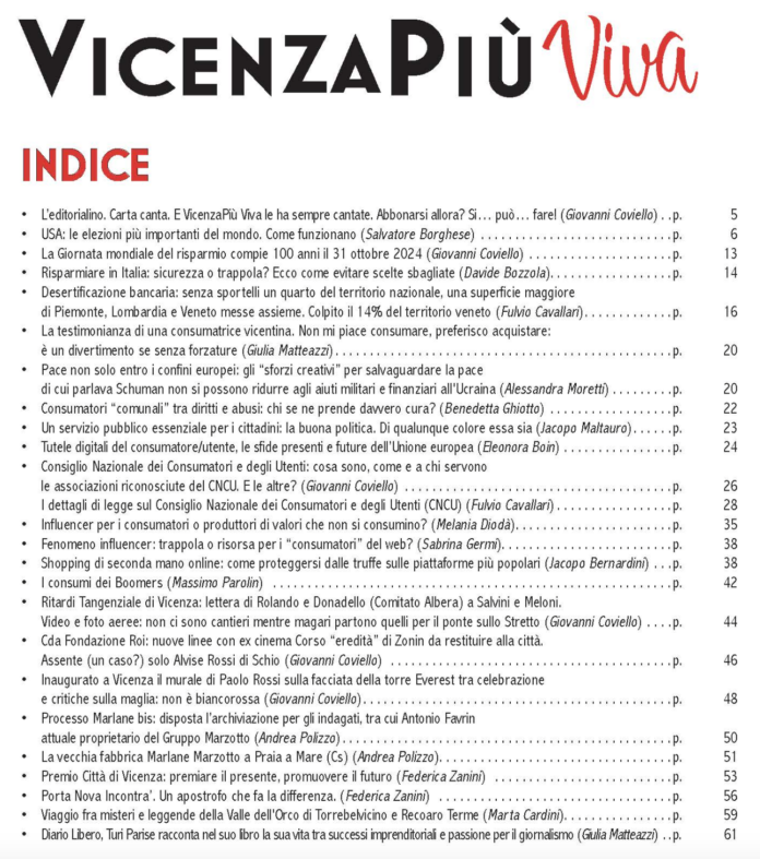 Indice degli articoli presenti in VicenzaPiù Viva n. 11