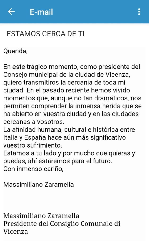 Lettera di Massimiliano Zaramella, presidente del Consiglio Comunale di Vicenza, al Comune di Valencia