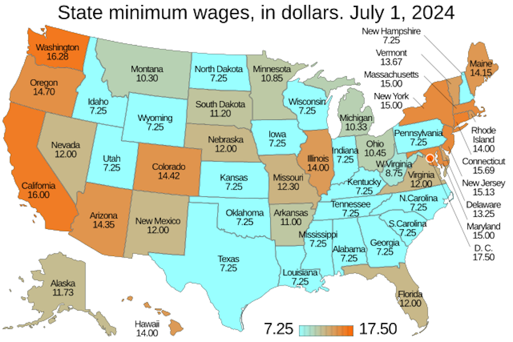 Il salario minimo federale negli Usa è 7,25 dollari. Non è stato aumentato dal 2009 nonostante la campagna di Bernie Sanders che lo voleva aumentare a 15 dollari l'ora. Per i lavoratori che ricevono mance può anche essere più basso in alcuni Stati del Sud. A volte però le mance non sono sufficienti per raggiungere il minimo obbligatorio della legge.