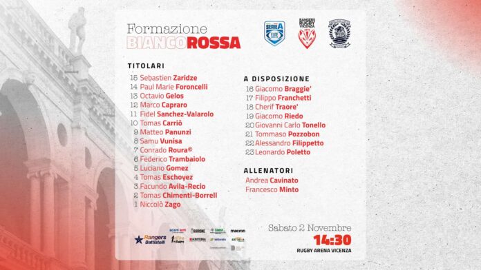 la formazione di domani del Rangers Rugby Vicenza