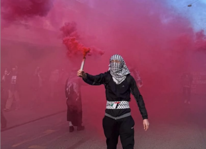 Nella foto fornita da Francesco Rucco un manifestante anti Israele e pro Palestina agita un fumogeno