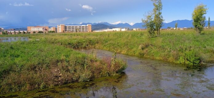 Uno scorcio del Parco della Pace, sullo sfondo la Caserma Del Din