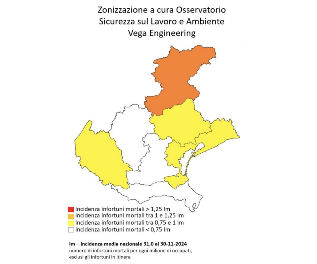 Zonizzazione morti sul lavoro nelle varie provincie del Veneto