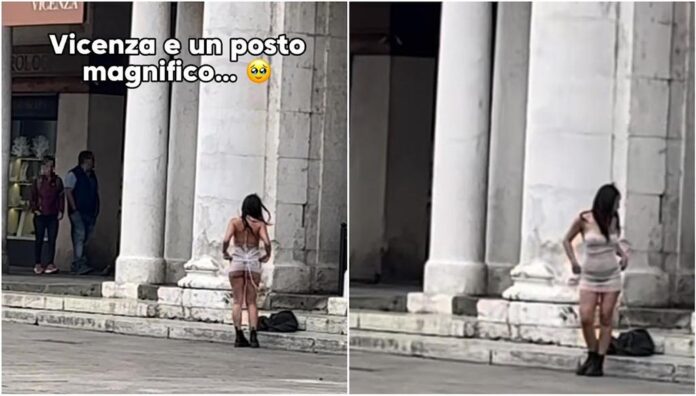 Due frame del video ripreso sotto la Basilica Palladiana e pubblicato sul suo profilo Instagram da Lucia Pericolo